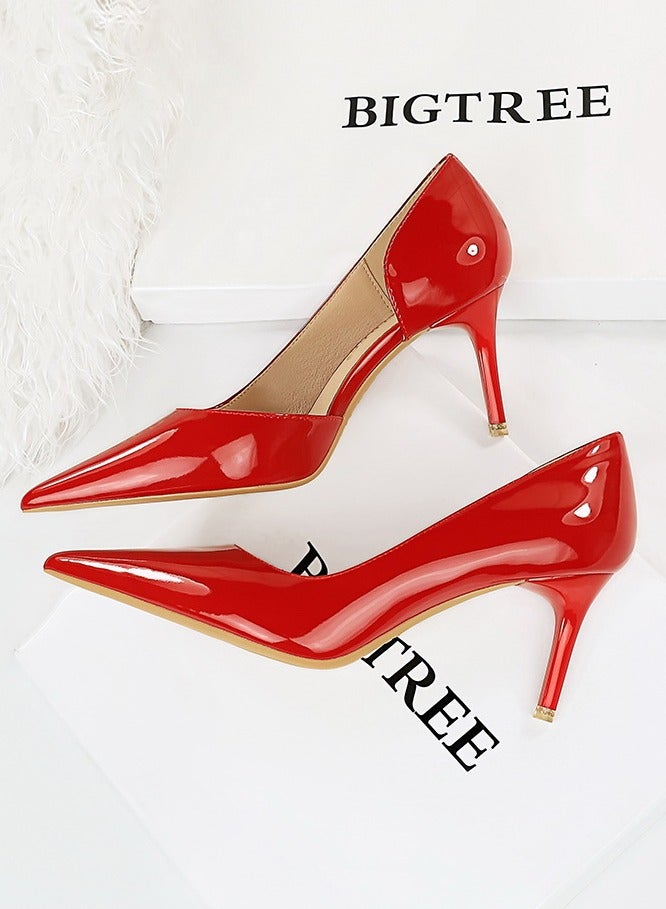 BIGTREE Women's Side Hollow Stiletto Pumps 7.5 cm Elegant Gorgeous Closed Pointed Toe Slip On Solid High Heels Red  - Image 3