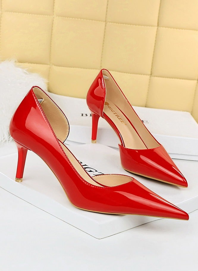 BIGTREE Women's Side Hollow Stiletto Pumps 7.5 cm Elegant Gorgeous Closed Pointed Toe Slip On Solid High Heels Red  - Image 2