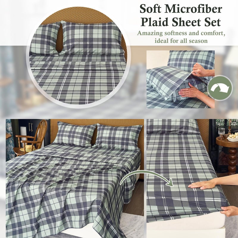 MICORAL مجموعة ورقة Micoral King Set Plaid Plaid 4 قطع صفائح مطبوعة حريرية وخفيفة الوزن مجموعة 16 "" Deep Pocket Ultra Soft & Cooling Sheet Oeko-Tex معتمدة من غابة منقوشة - Image 5