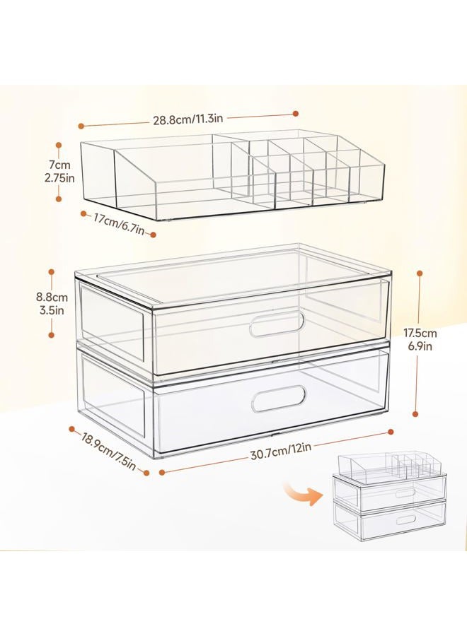 Aurblozen 3 Tier Clear Stackable Makeup Organizer with Drawer, 12''W Acrylic Storage Drawers, Cosmetic Display Case for Vanity Bathroom Countertop, Beauty Holder for Lipstick Brush Skincare Perfume - Image 3