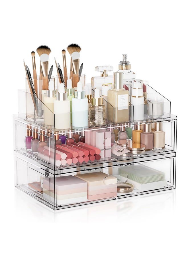 Aurblozen 3 Tier Clear Stackable Makeup Organizer with Drawer, 12''W Acrylic Storage Drawers, Cosmetic Display Case for Vanity Bathroom Countertop, Beauty Holder for Lipstick Brush Skincare Perfume - Image 1