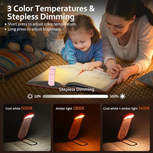 Akomid USB Rechargeable Book Light for Reading in Bed, 8 LEDs Bookmark Style Clip on, Eye-Cared Amber Light Mode for Kids, Blue Light Blocking, Stepless Dimming, Pink - Image 5