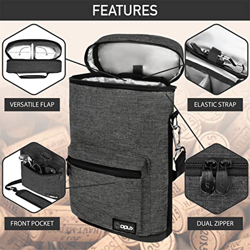 Opux 2 Bottle Wine Tote Carrier, Insulated Cooler Bag for Travel Picnic, Leakproof Padded Case, Wine Gifts for Women & Men, Charcoal Gray - Image 4