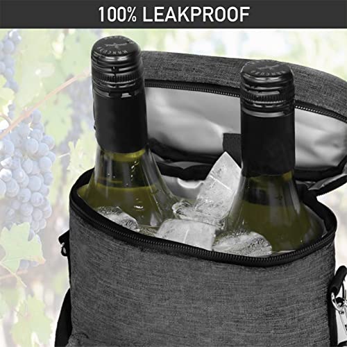 Opux 2 Bottle Wine Tote Carrier, Insulated Cooler Bag for Travel Picnic, Leakproof Padded Case, Wine Gifts for Women & Men, Charcoal Gray - Image 5