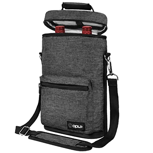 Opux 2 Bottle Wine Tote Carrier, Insulated Cooler Bag for Travel Picnic, Leakproof Padded Case, Wine Gifts for Women & Men, Charcoal Gray - Image 1