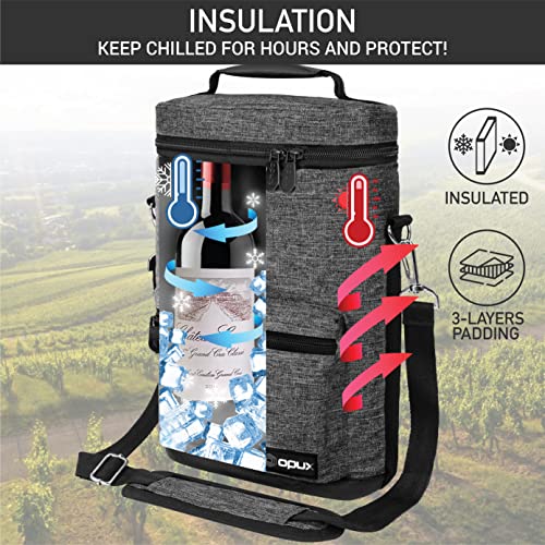 Opux 2 Bottle Wine Tote Carrier, Insulated Cooler Bag for Travel Picnic, Leakproof Padded Case, Wine Gifts for Women & Men, Charcoal Gray - Image 2