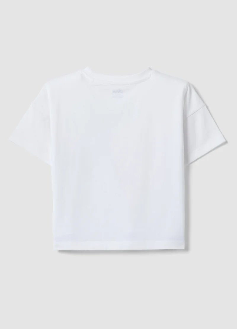 او في اس OVS Girls' White Stretch Cotton T-Shirt With Stitch Print