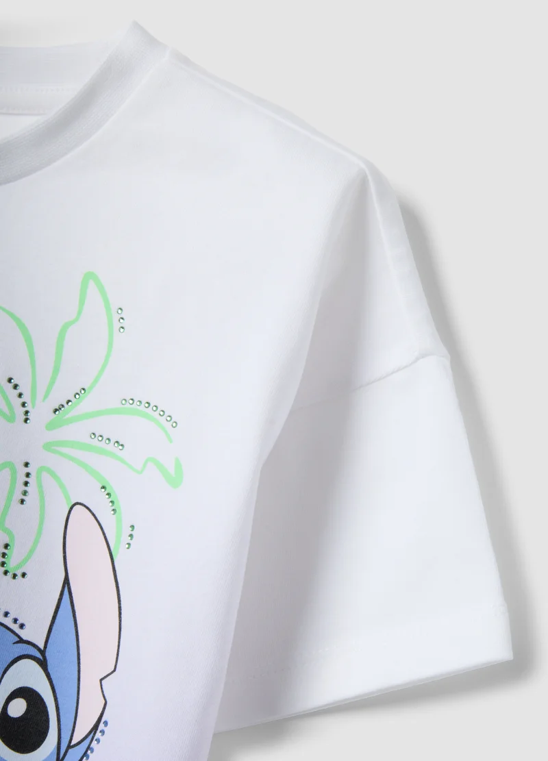 Ovs  OVS Girls' White Stretch Cotton T-Shirt With Stitch Print for Kids | Best Price UAE