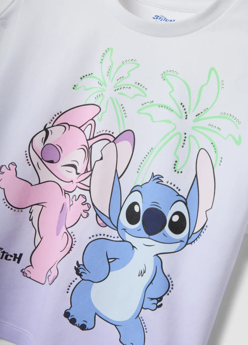 Ovs  OVS Girls' White Stretch Cotton T-Shirt With Stitch Print for Kids | Best Price UAE