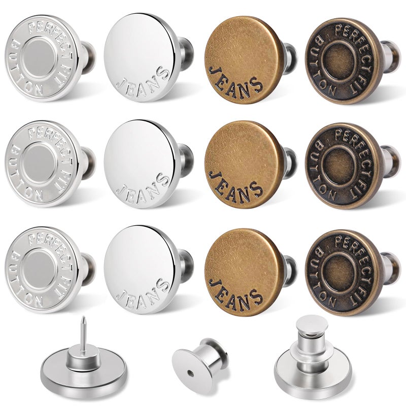 Ceryvop 12 Set Buttons Pin for Loose Jeans, Jeans Button Adjuster for Pants, No-Sew Waist Tightener Pins for Pants, Make Loose Jeans Smaller, Adjustable Pants Button Replacement - Image 1