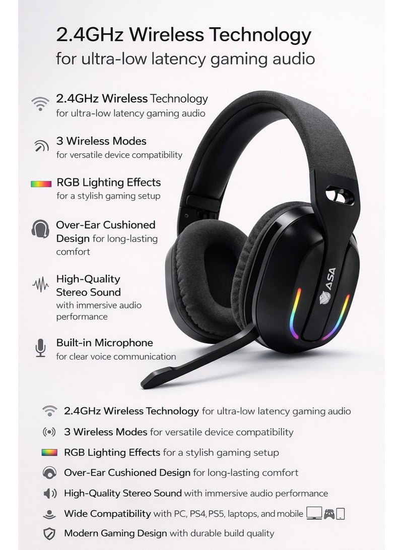 ASA RANT 2.4GHz Wireless Gaming Headset with RGB Lighting – 3 Mode Wireless, Over-Ear Headphones for PC, PS4, PS5 & Mobile - Image 3