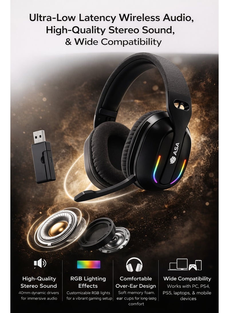 ASA RANT 2.4GHz Wireless Gaming Headset with RGB Lighting – 3 Mode Wireless, Over-Ear Headphones for PC, PS4, PS5 & Mobile - Image 2