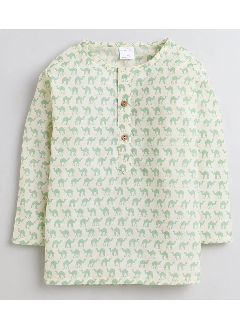 Polka Tots Polka Tots Full Sleeves Night Wear Camel Kurta Pyjama - Green  - Image 2