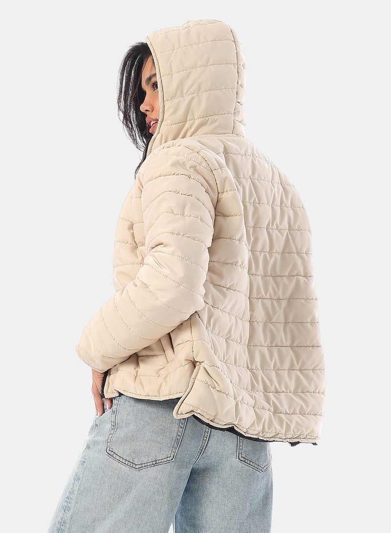 Andora Long Sleeves Padded Hooded Puffer Jacket - Beige - Image 3