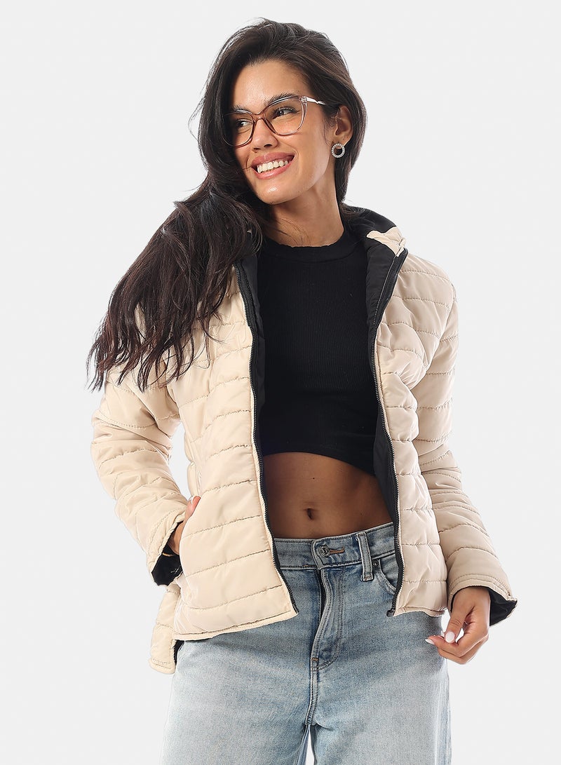 Andora Long Sleeves Padded Hooded Puffer Jacket - Beige - Image 4