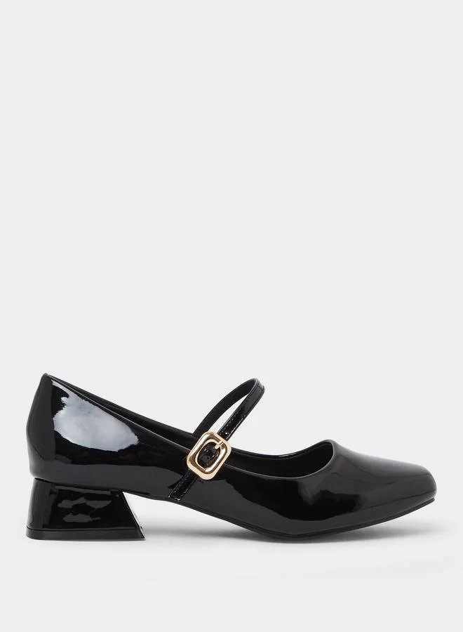 Styli Black Plain Patent Block Heel Shoes
