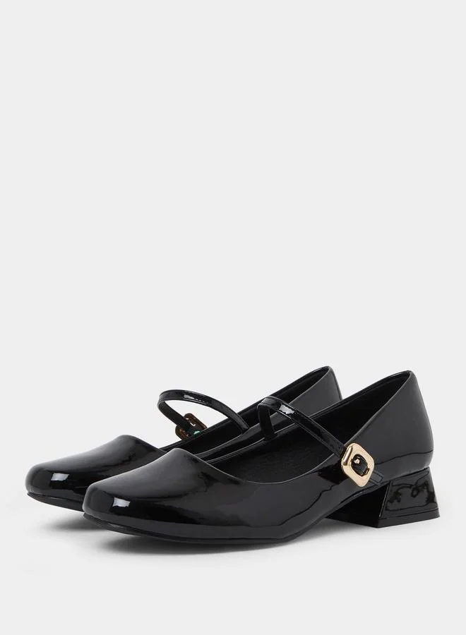 Styli Black Plain Patent Block Heel Shoes