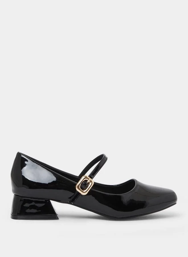 Black Plain Patent Block Heel Shoes