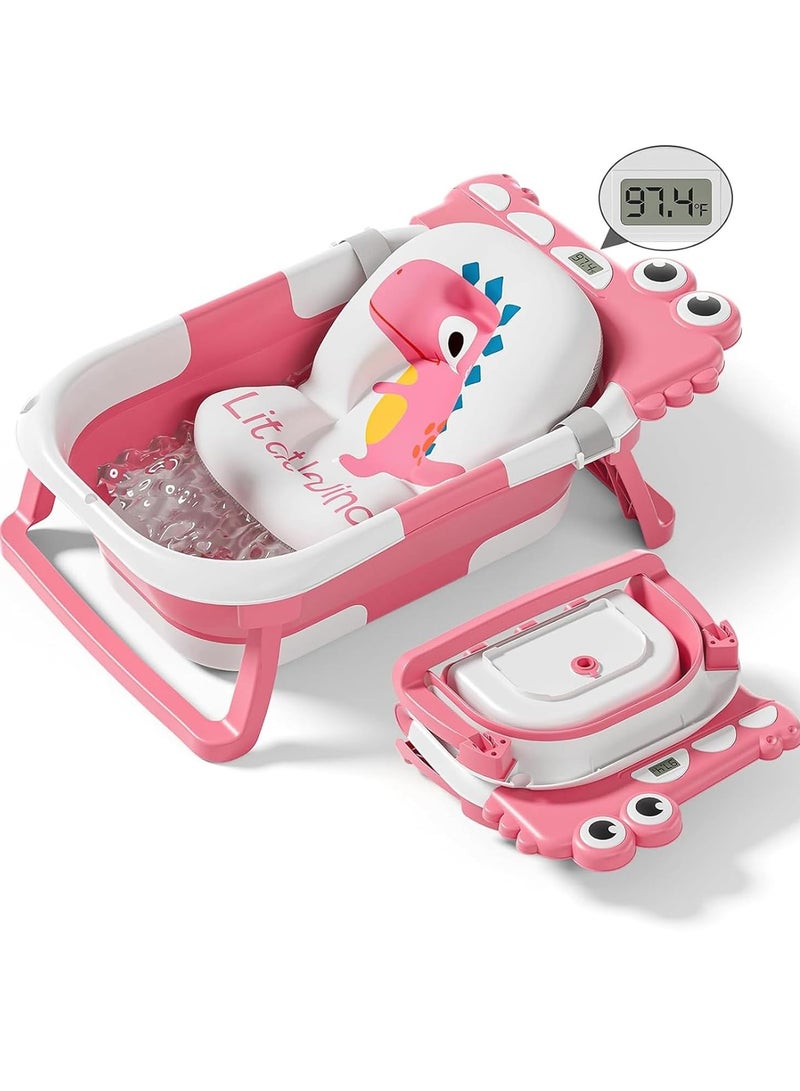 Baby Bathtub for Newborn, Foldable Baby Bath Tub with Thermometer  Soft Floating Cushion  Drain Hole, Portable Travel Infant Bath Tubs for Newborns to Toddler 0-36 Months Girl, Pink - Image 1