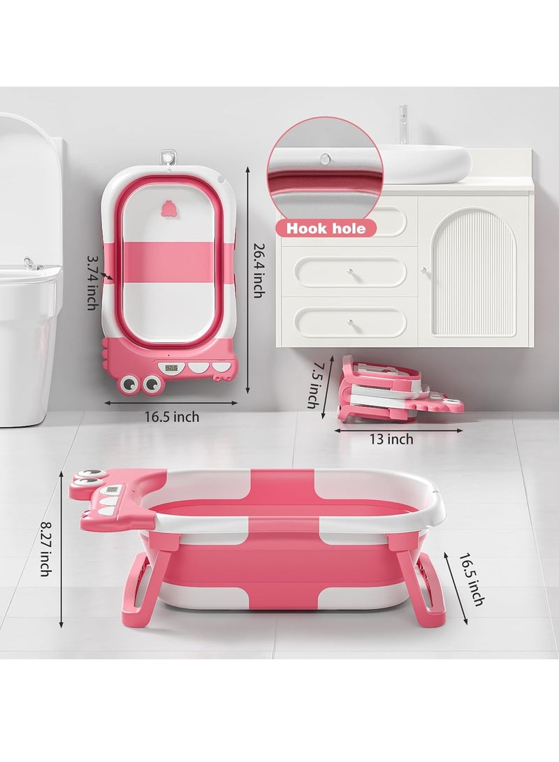 Baby Bathtub for Newborn, Foldable Baby Bath Tub with Thermometer  Soft Floating Cushion  Drain Hole, Portable Travel Infant Bath Tubs for Newborns to Toddler 0-36 Months Girl, Pink - Image 4