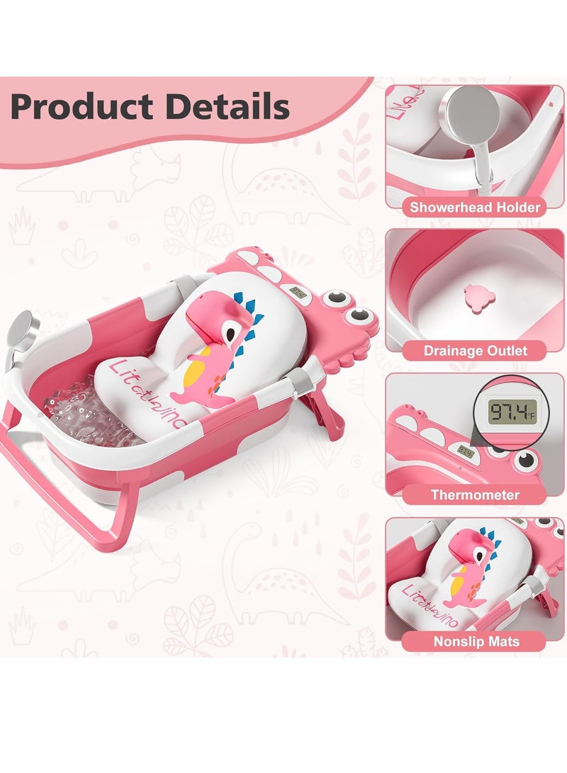 Baby Bathtub for Newborn, Foldable Baby Bath Tub with Thermometer  Soft Floating Cushion  Drain Hole, Portable Travel Infant Bath Tubs for Newborns to Toddler 0-36 Months Girl, Pink - Image 5
