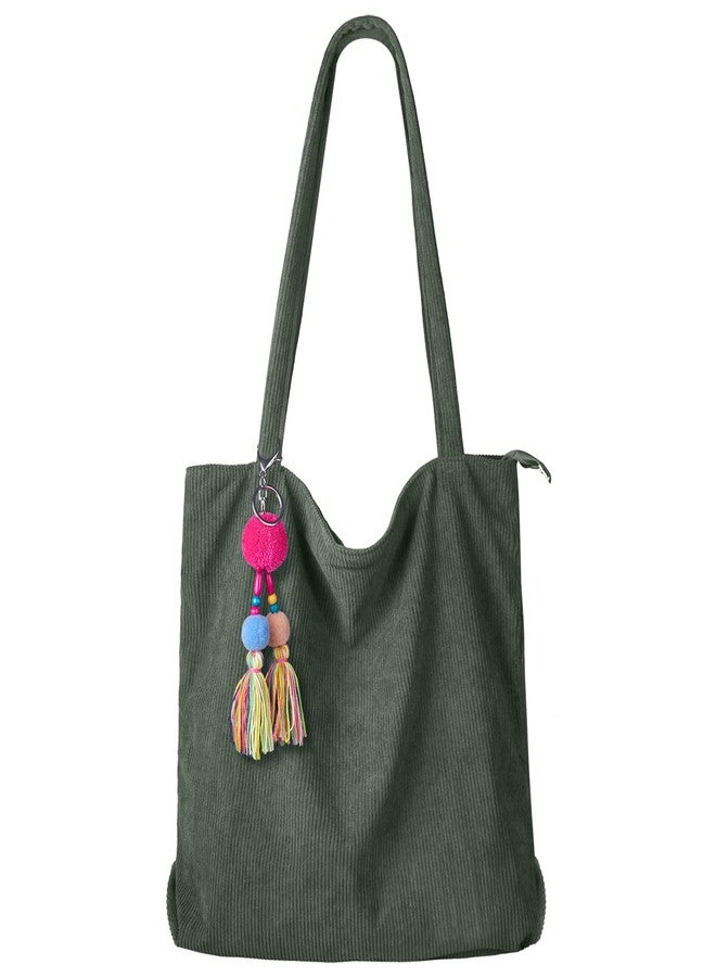 FITDON Corduroy Totes Bag with Zip, Shoulder Bags Handbags Women's Hobos Large Capacity Shopping Bag with Inner Pocket, Green - Image 1
