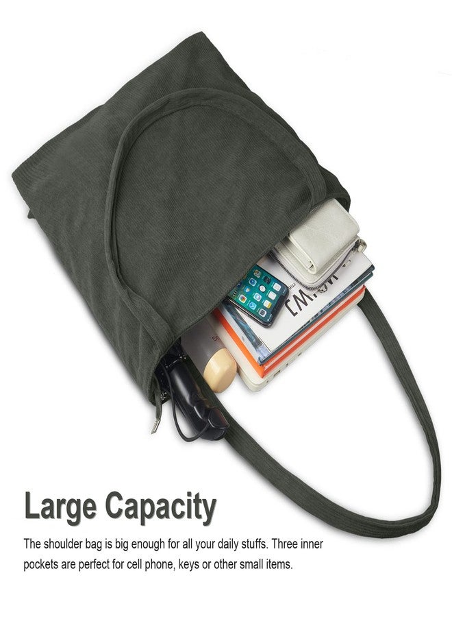 FITDON Corduroy Totes Bag with Zip, Shoulder Bags Handbags Women's Hobos Large Capacity Shopping Bag with Inner Pocket, Green - Image 4
