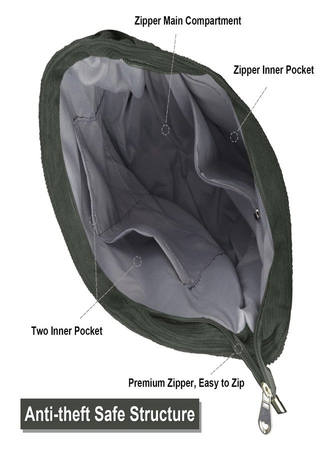FITDON Corduroy Totes Bag with Zip, Shoulder Bags Handbags Women's Hobos Large Capacity Shopping Bag with Inner Pocket, Green - Image 3