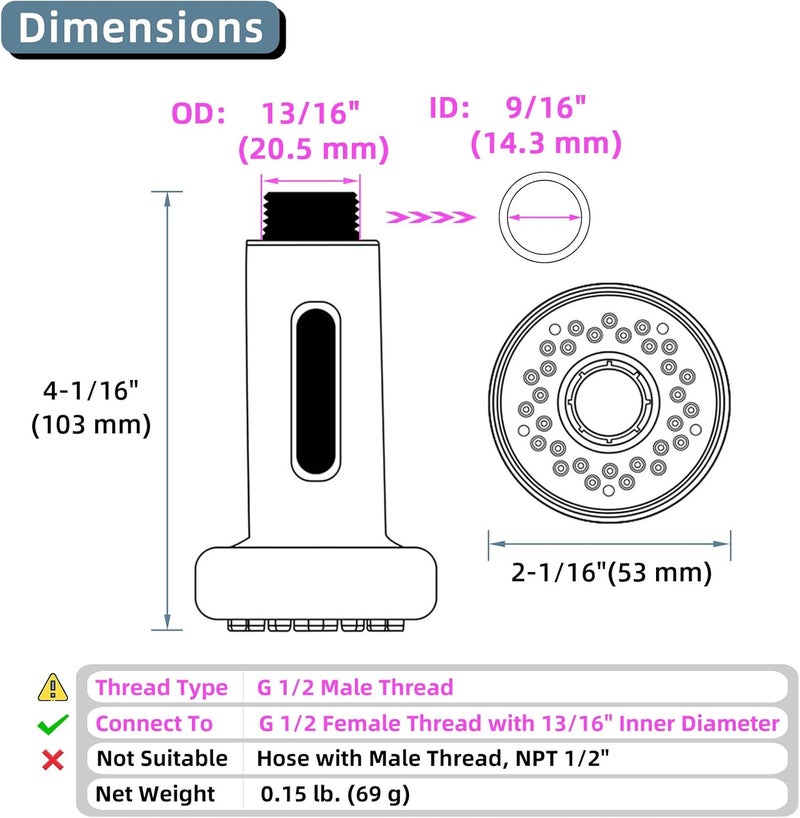 Angle Simple Kitchen Sink Sprayer Replacement, Faucet Head Attachment, Stream and Spray Mode, Brushed Nickel - Image 1