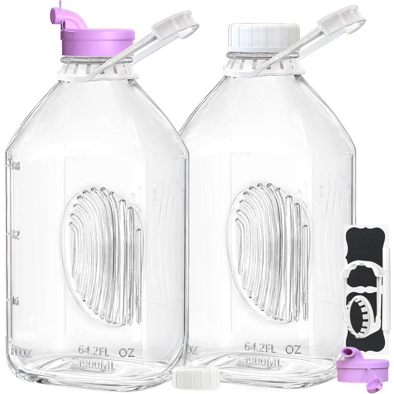 Ritayedet 2 Pack 64 Oz Heavy Duty Glass Milk Bottle with 1 Silicone Spout and 3 Reusable Airtight SCREW LID, 2 Qt Glass Water Bottle with 2 Exact Scale Lines - Milk Jug Pitcher - 1/2 Gal Juice Bottles - Image 1