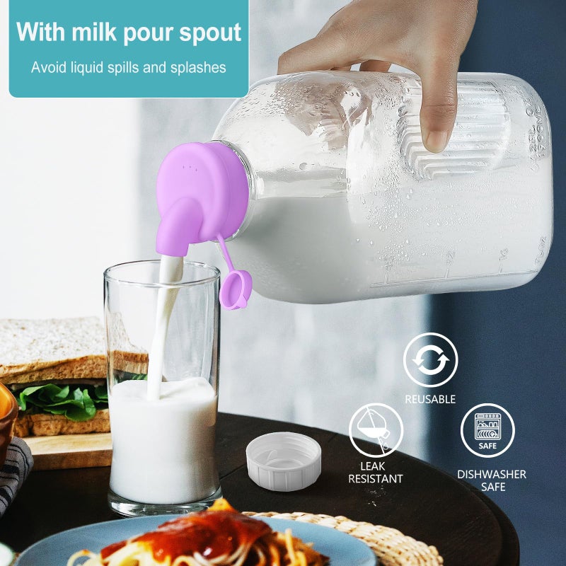 Ritayedet 2 Pack 64 Oz Heavy Duty Glass Milk Bottle with 1 Silicone Spout and 3 Reusable Airtight SCREW LID, 2 Qt Glass Water Bottle with 2 Exact Scale Lines - Milk Jug Pitcher - 1/2 Gal Juice Bottles - Image 2