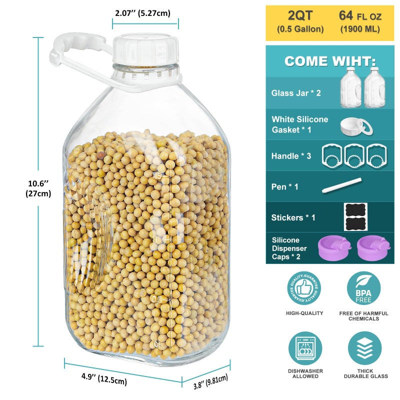Ritayedet 2 Pack 64 Oz Heavy Duty Glass Milk Bottle with 1 Silicone Spout and 3 Reusable Airtight SCREW LID, 2 Qt Glass Water Bottle with 2 Exact Scale Lines - Milk Jug Pitcher - 1/2 Gal Juice Bottles - Image 3