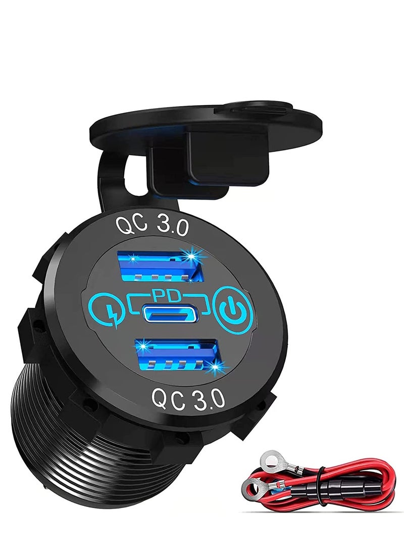 مأخذ شاحن السيارة، 12V/24V مخرج USB ثلاثي 20W PD و 18W QC3.0 معدن ألمنيوم مع مفتاح طاقة باللمس، محول شحن سريع للقارب البحري RV عربة الجولف الدراجة النارية - Image 1