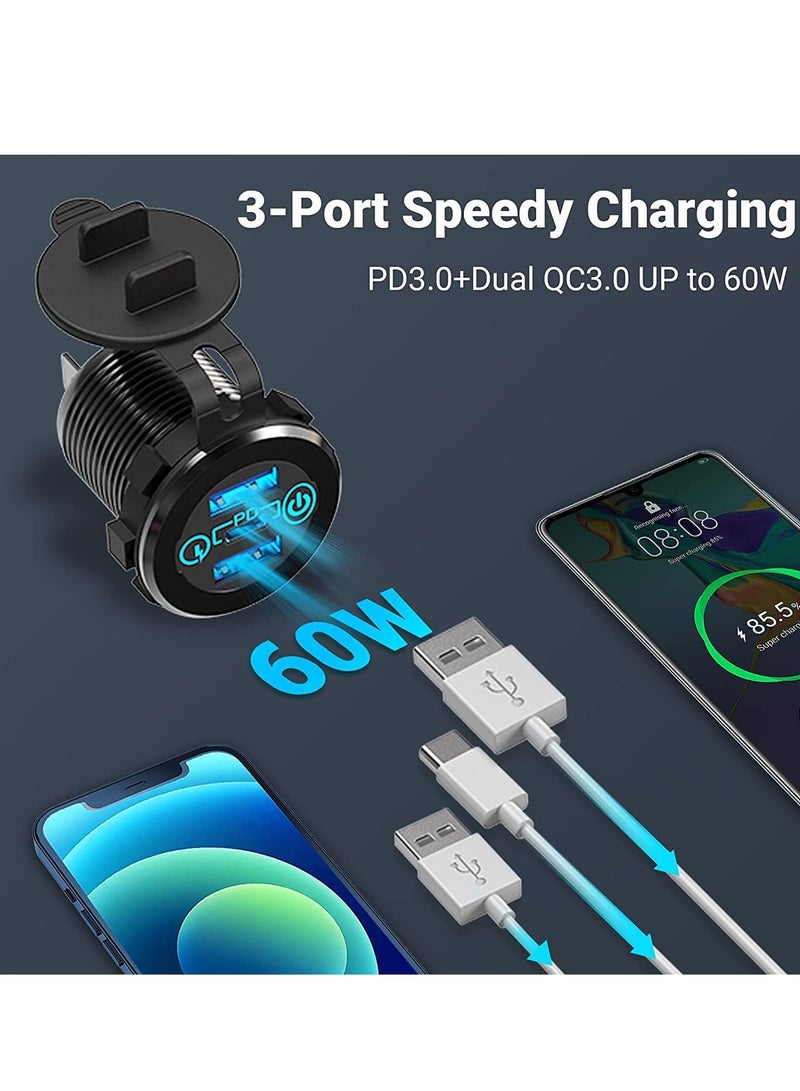 مأخذ شاحن السيارة، 12V/24V مخرج USB ثلاثي 20W PD و 18W QC3.0 معدن ألمنيوم مع مفتاح طاقة باللمس، محول شحن سريع للقارب البحري RV عربة الجولف الدراجة النارية - Image 2