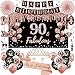 Uiorgui 90th Birthday Decorations for Women 33pcs 90th Crown and Sash Black Rose Gold Happy 90th Birthday Banner Balloons Backdrop Hanging Swirls Paper Fans 90 Years Old Bady Decorations Kit - Image 3