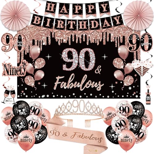 Uiorgui 90th Birthday Decorations for Women 33pcs 90th Crown and Sash Black Rose Gold Happy 90th Birthday Banner Balloons Backdrop Hanging Swirls Paper Fans 90 Years Old Bady Decorations Kit - Image 1