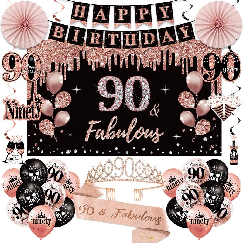 Uiorgui 90th Birthday Decorations for Women 33pcs 90th Crown and Sash Black Rose Gold Happy 90th Birthday Banner Balloons Backdrop Hanging Swirls Paper Fans 90 Years Old Bady Decorations Kit - Image 2