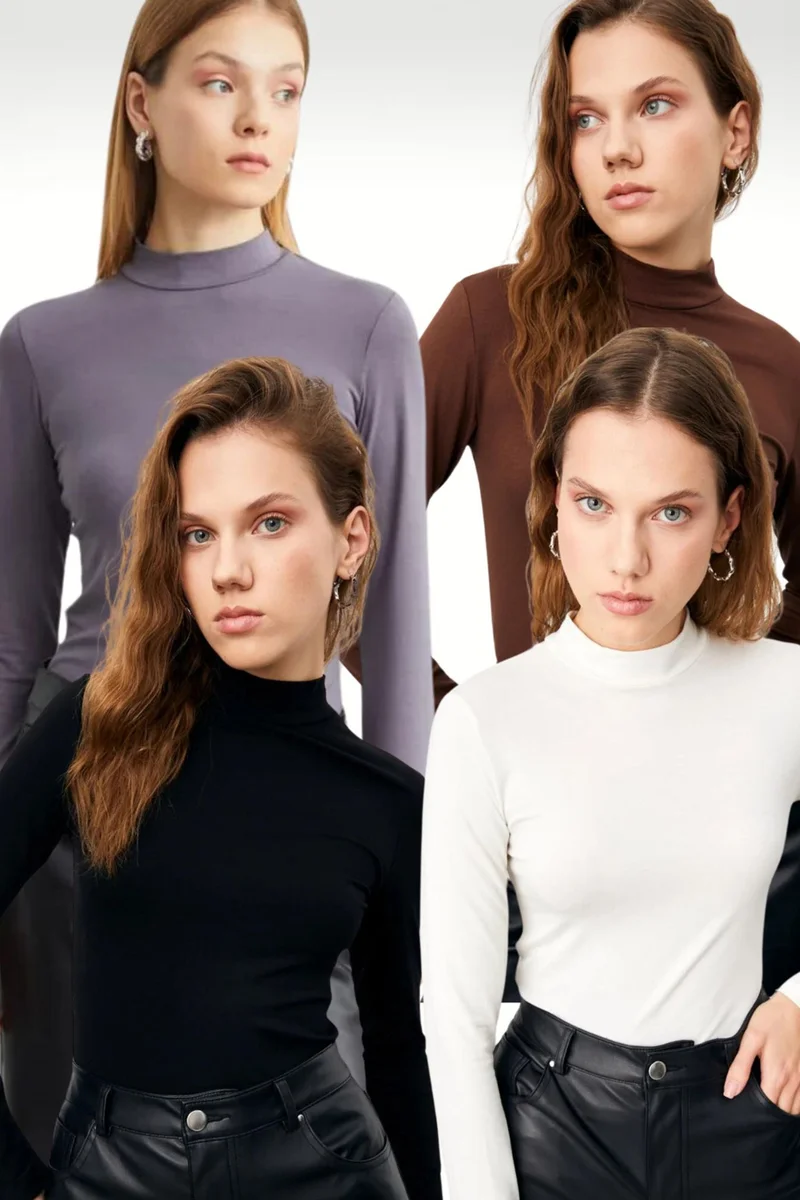 بيبانتولون BIPANTOLON Women's 4-Pack Slim Fit Turtleneck Bodysuits