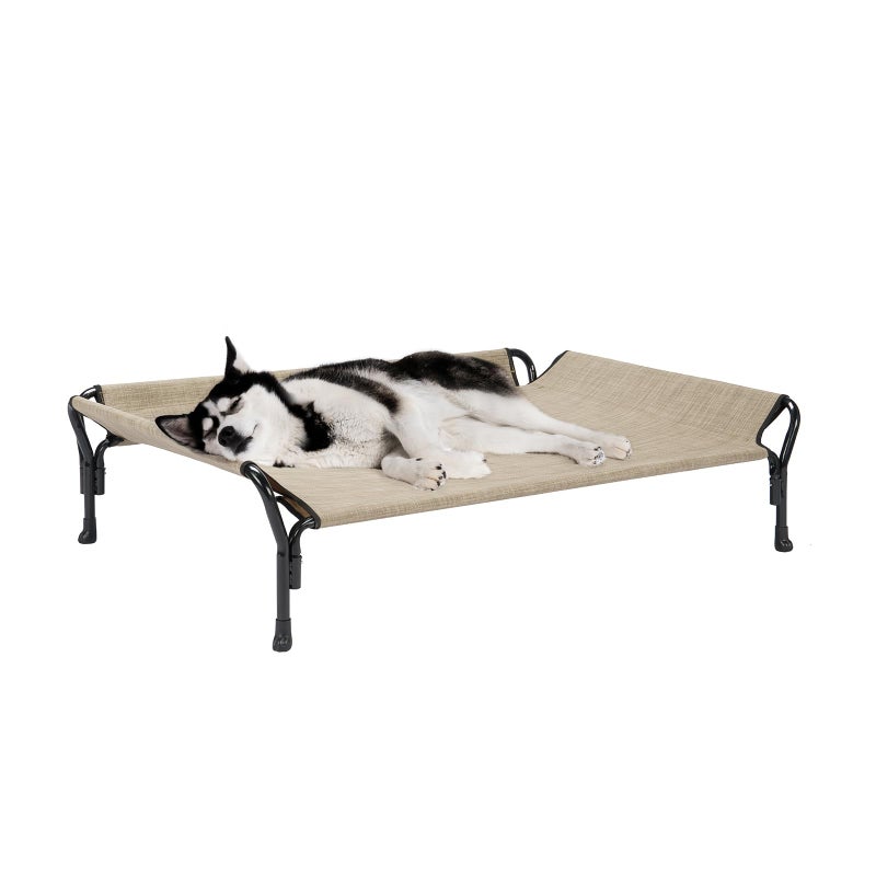 Veehoo Cooling Elevated Dog Bed, Raised Pet Cot with Guardrail & Slope Headrest, Durable Breathable Teslin Mesh, Non-Slip Feet, Washable Dog Couch Bed for Indoor & Outdoor, 47" x 32", Beige Coffee - Image 1