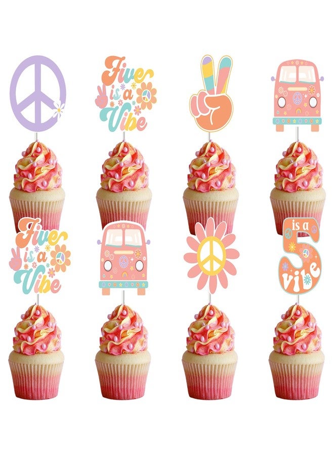 Fangleland 24 Pieces Five Is a Vibe Cupcake Toppers for Girl’s 5th Birthday Party Decorations - Groovy Theme Dessert Picks, Retro Hippie Daisy Flower 60s 70s Style Birthday Party Supplies - Image 1