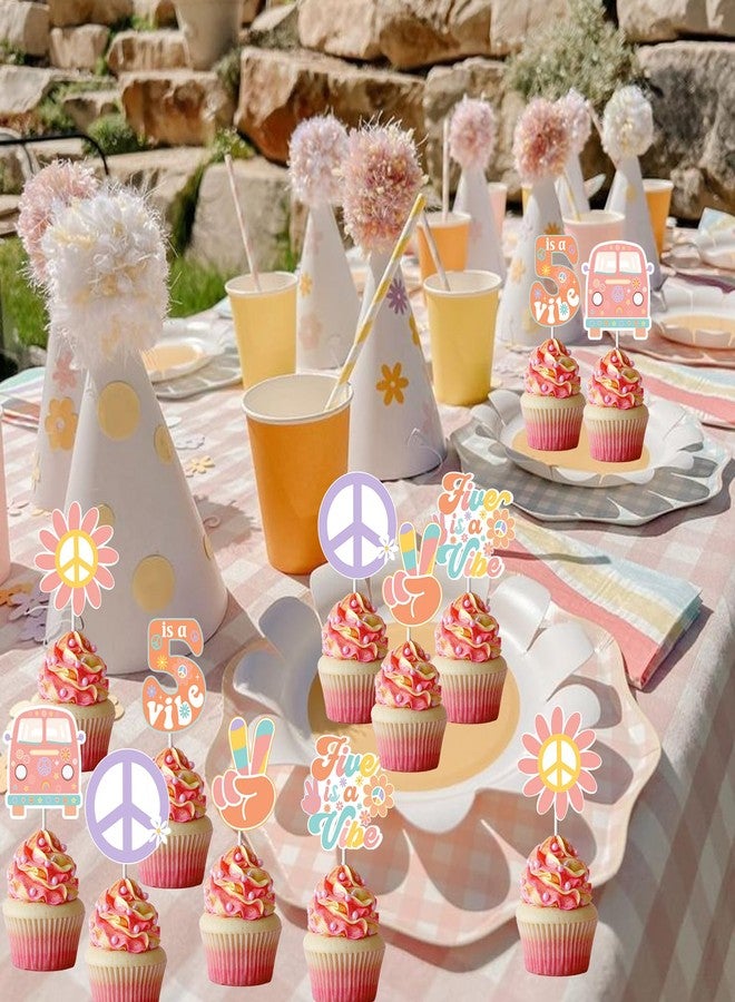 Fangleland 24 Pieces Five Is a Vibe Cupcake Toppers for Girl’s 5th Birthday Party Decorations - Groovy Theme Dessert Picks, Retro Hippie Daisy Flower 60s 70s Style Birthday Party Supplies - Image 2