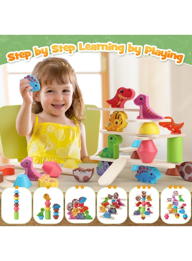 Wooden Dinosaur Stacking Blocks Game | Premium Rubberwood Montessori Toy | Toddler Balancing Skill Development | For 1-3 Years Old Kids | Safe Rounded Edges Design | Color Recognition & Hand-Eye Coordination | Non-Toxic Water-Based Paint | Perfect Gift For Birthday/Children's Day - Image 2