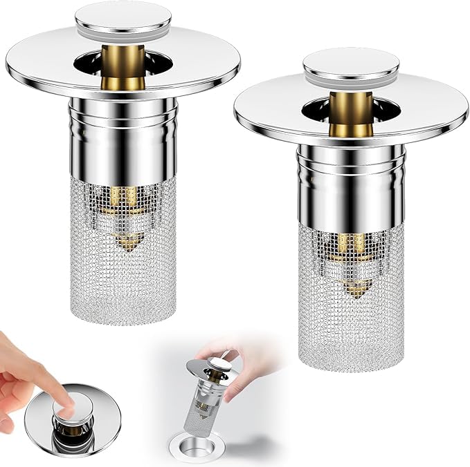 VIHM Bathroom Sink Stopper Hair Catcher, Pop-up Sink Drain Strainer with Removable Stainless Steel Strainer Basket Hair Catcher, Bathroom Sink Strainer for Bathroom Sink Stopper Replacement (2 pcs) - Image 1