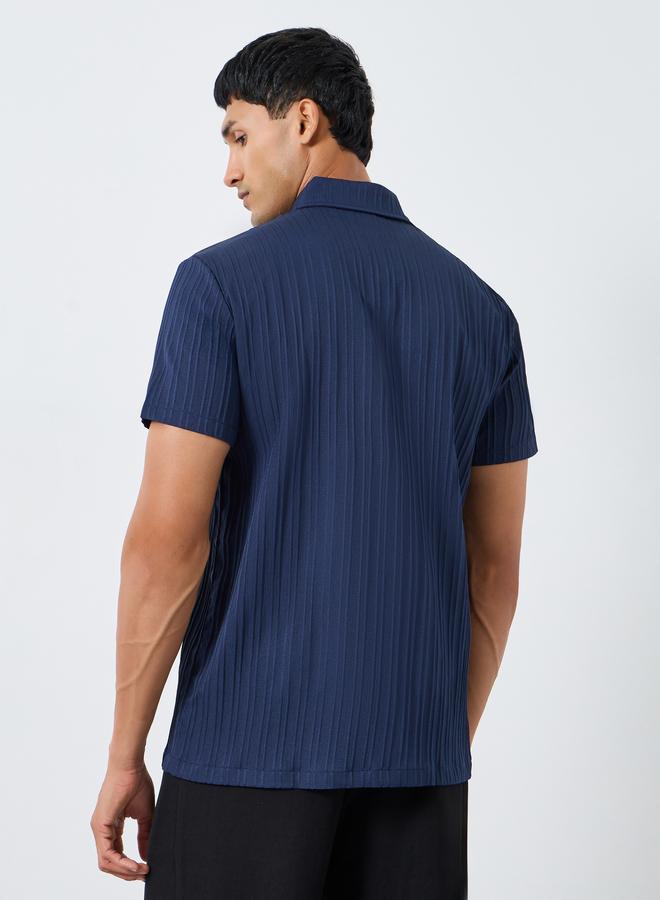 Take Two Men Navy Blue Solid Textured Short Sleeve Shirt - Image 3