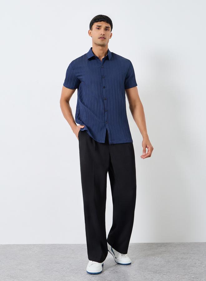 Take Two Men Navy Blue Solid Textured Short Sleeve Shirt - Image 4