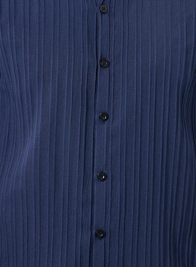 Take Two Men Navy Blue Solid Textured Short Sleeve Shirt