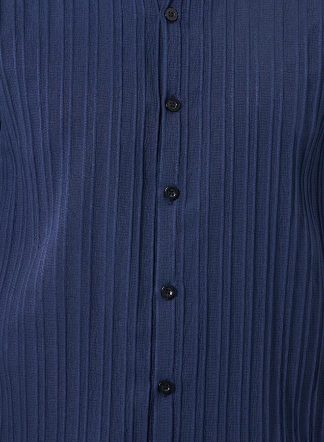 Take Two Men Navy Blue Solid Textured Short Sleeve Shirt - Image 2