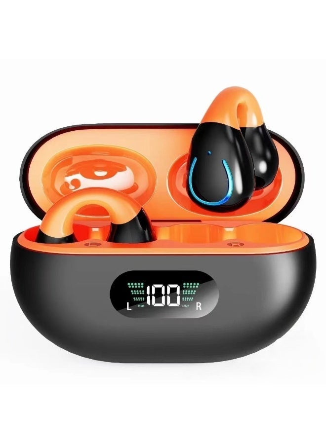 Jliyru Clip-on Earbuds, Bluetooth 6.1 Lightweight Comfort Bone Conduction Open Earbuds with LED Digital Display Charging Case Sports Built-in Microphone IPX7 Waterproof Running Fitness Black&orange - Image 1