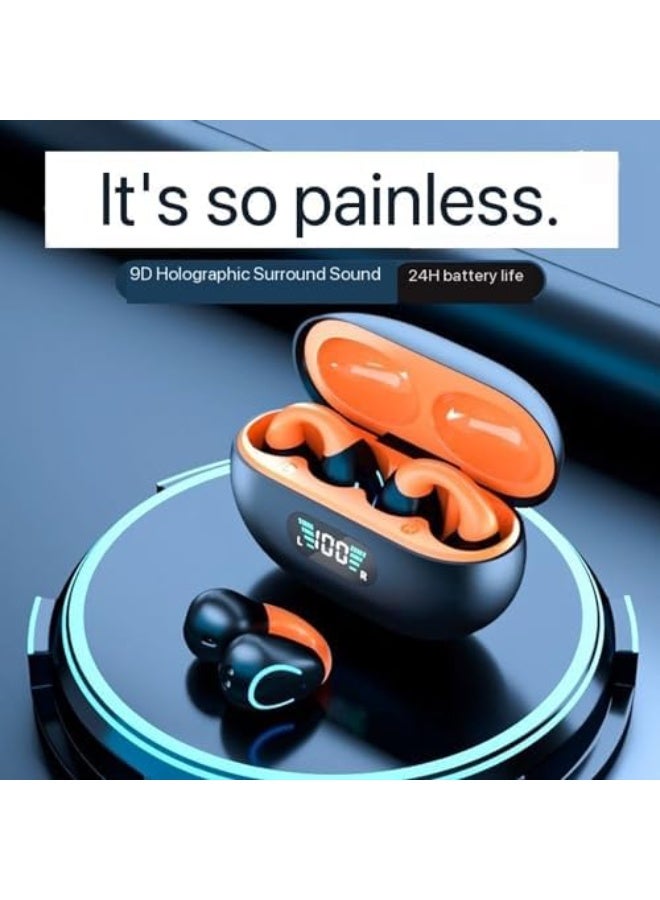 Jliyru Clip-on Earbuds, Bluetooth 6.1 Lightweight Comfort Bone Conduction Open Earbuds with LED Digital Display Charging Case Sports Built-in Microphone IPX7 Waterproof Running Fitness Black&orange - Image 2