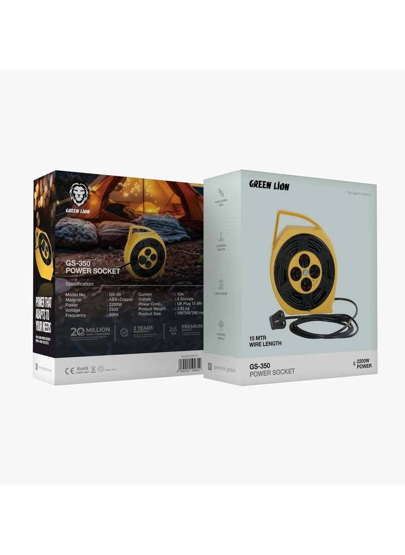 GREEN LION - Power Socket with 15 Meter Long Wire 2200W /4 Way Outlets / UK Plug / 50Hz Frequency / Portable Handle / Pure Copper Wire / Wire Storage / 10A Current / 250V Voltage Power Socket - Yellow - Image 1